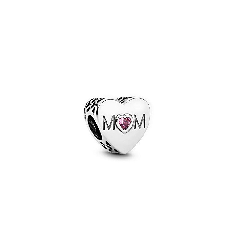 Mum heart silver charm with pink cubic zirconia