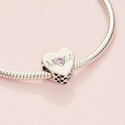 Mum heart silver charm with pink cubic zirconia