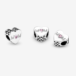 Mum heart silver charm with pink cubic zirconia