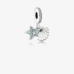 Starfish and shell silver dangle with frosty mint cubic zirconia and clear cubic zirconia