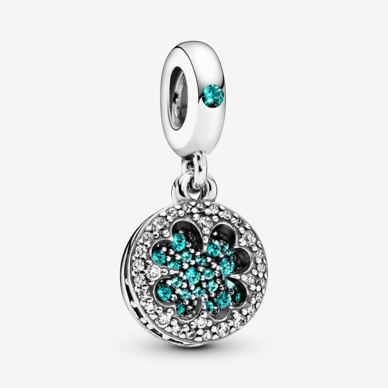 Clover silver dangle with royal green, aqua green crystal and clear cubic zirconia