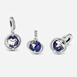 Pandora Globe silver dangle with clear cubic zirconia and blue enamel