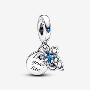 Pandora Blooming Flower Double Dangle Charm, silver tone and blue, view 1