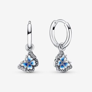 Pandora Blue Butterfly Hoop Earrings, silver tone and blue, view 1