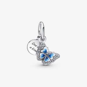 Pandora Blue Butterfly Quote Dangle Charm, silver tone and blue, view 1