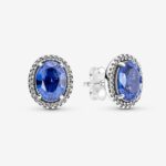 Pandora Blue Oval Halo Stud Earrings, silver tone and blue, view 1