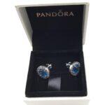 Pandora Blue Round Sparkling Stud Earrings, silver tone and blue, view 1