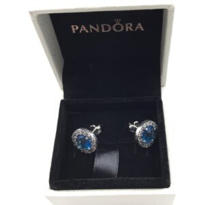 Pandora Blue Round Sparkling Stud Earrings, silver tone and blue, view 1