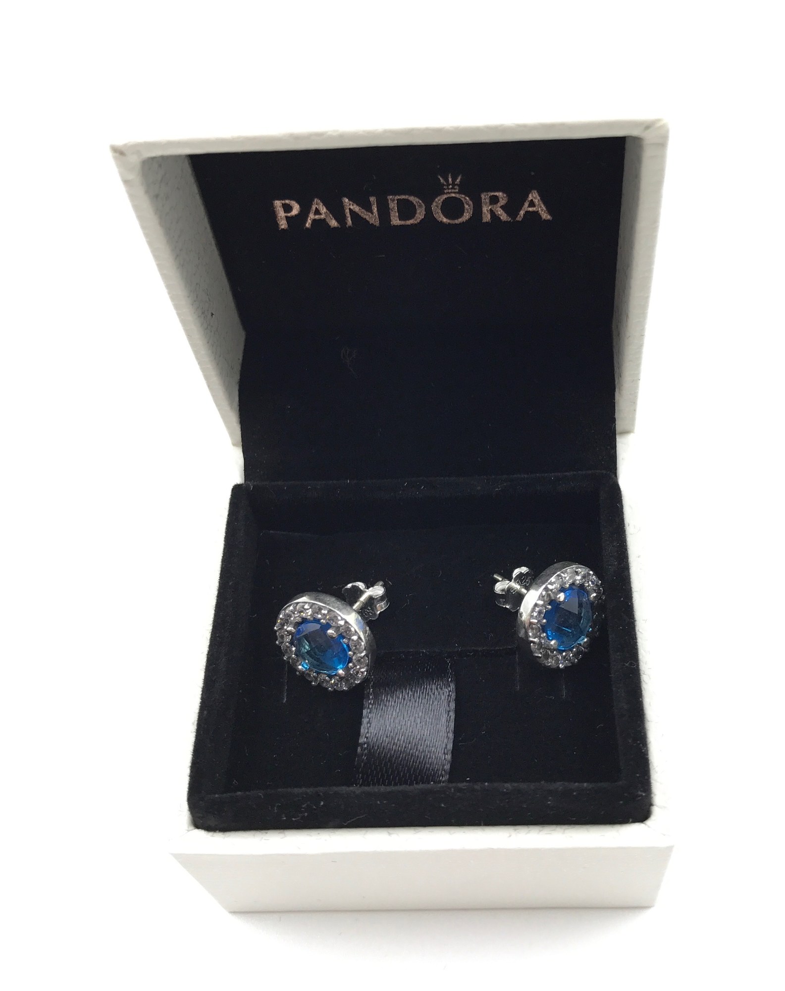 pandora blue round sparkling stud earrings Pandora Blue Round Sparkling Stud Earrings, silver tone and blue, view 1