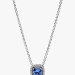 Pandora Blue Square Halo Pendant Necklace, silver tone and blue, view 1