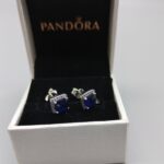 Pandora Blue Square Halo Stud Earrings, silver tone and blue, view 1