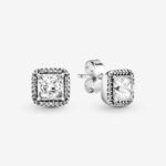 Pandora Clear Square Halo Stud Earrings, silver tone, view 1