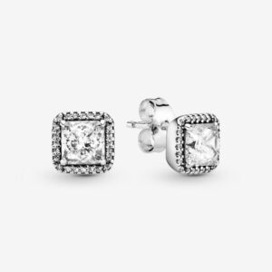 Pandora Clear Square Halo Stud Earrings, silver tone, view 1
