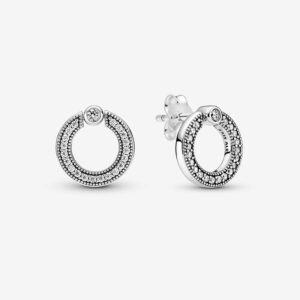 Pandora Pavé and Logo Circle Earrings, silver tone, view 1