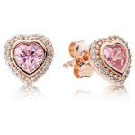 Pandora Pink Elevated Heart Stud Earrings, rose tone and pink, view 1