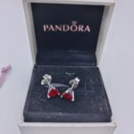 Pandora Red Heart Stud Earrings, silver tone and red, view 1