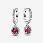 Pandora Red Round Drop Hoop Earrings, silver tone and red, view 1