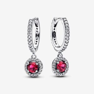Pandora Red Round Drop Hoop Earrings, silver tone and red, view 1