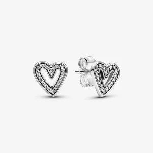 Pandora Sparkling Freehand Heart Stud Earrings, silver tone, view 1