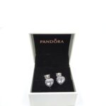 Pandora Sparkling Love Heart Stud Earrings, silver tone, view 1