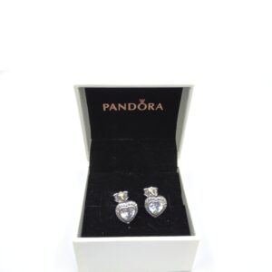 Pandora Sparkling Love Heart Stud Earrings, silver tone, view 1