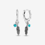 Pandora Spiritual Feathers Hoop Earrings, silver tone and turquoise, view 1