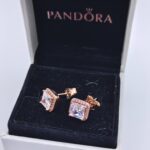 Pandora Square Halo Stud Earrings, rose tone, view 1