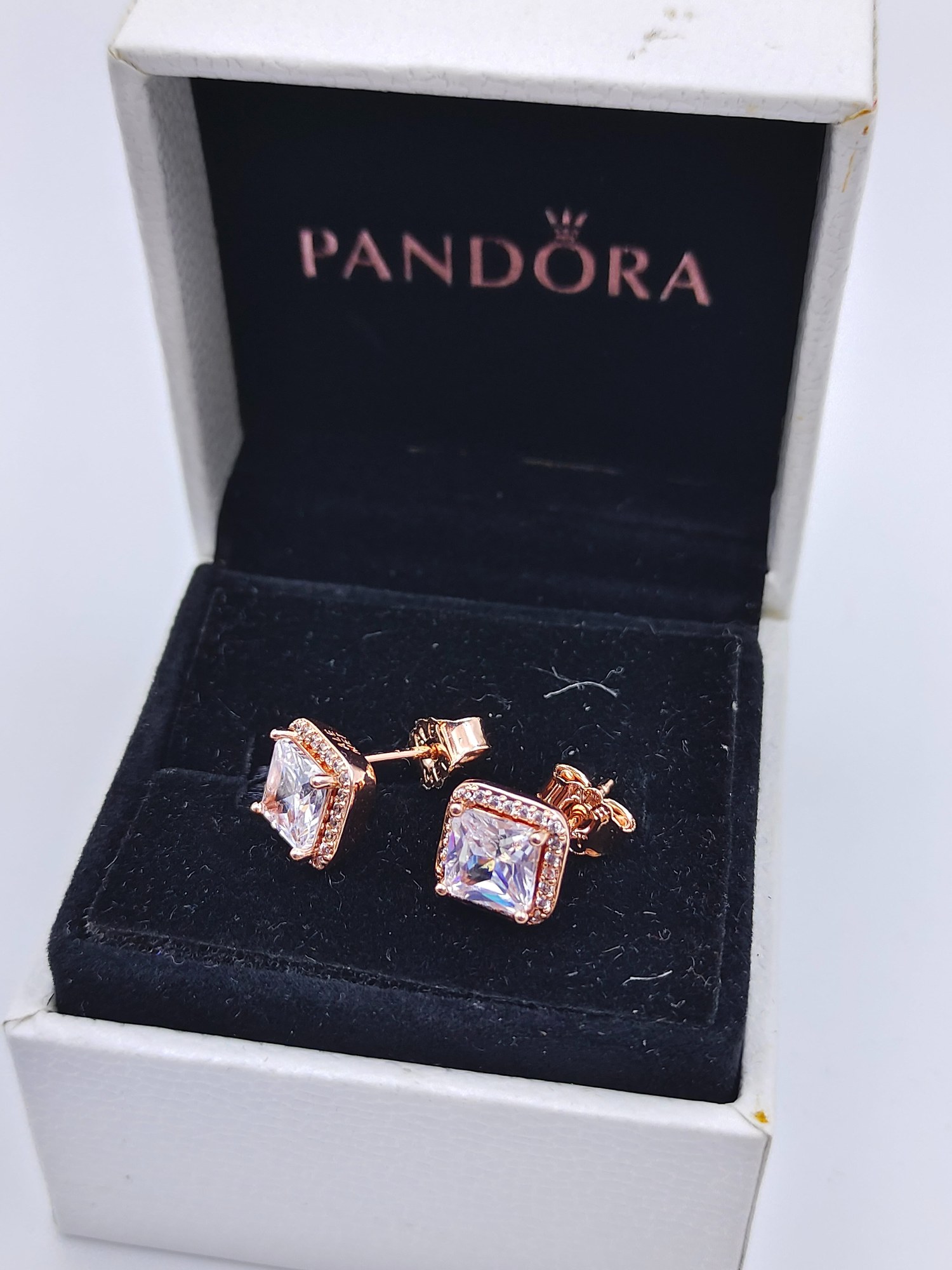 pandora square halo stud earrings Pandora Square Halo Stud Earrings, rose tone, view 1