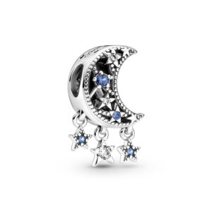 Pandora Star and Crescent Moon Charm, silver tone and blue, view 1
