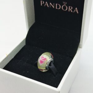 Pandora Wild Hearts Glass Bead Charm, pink and green, view 1