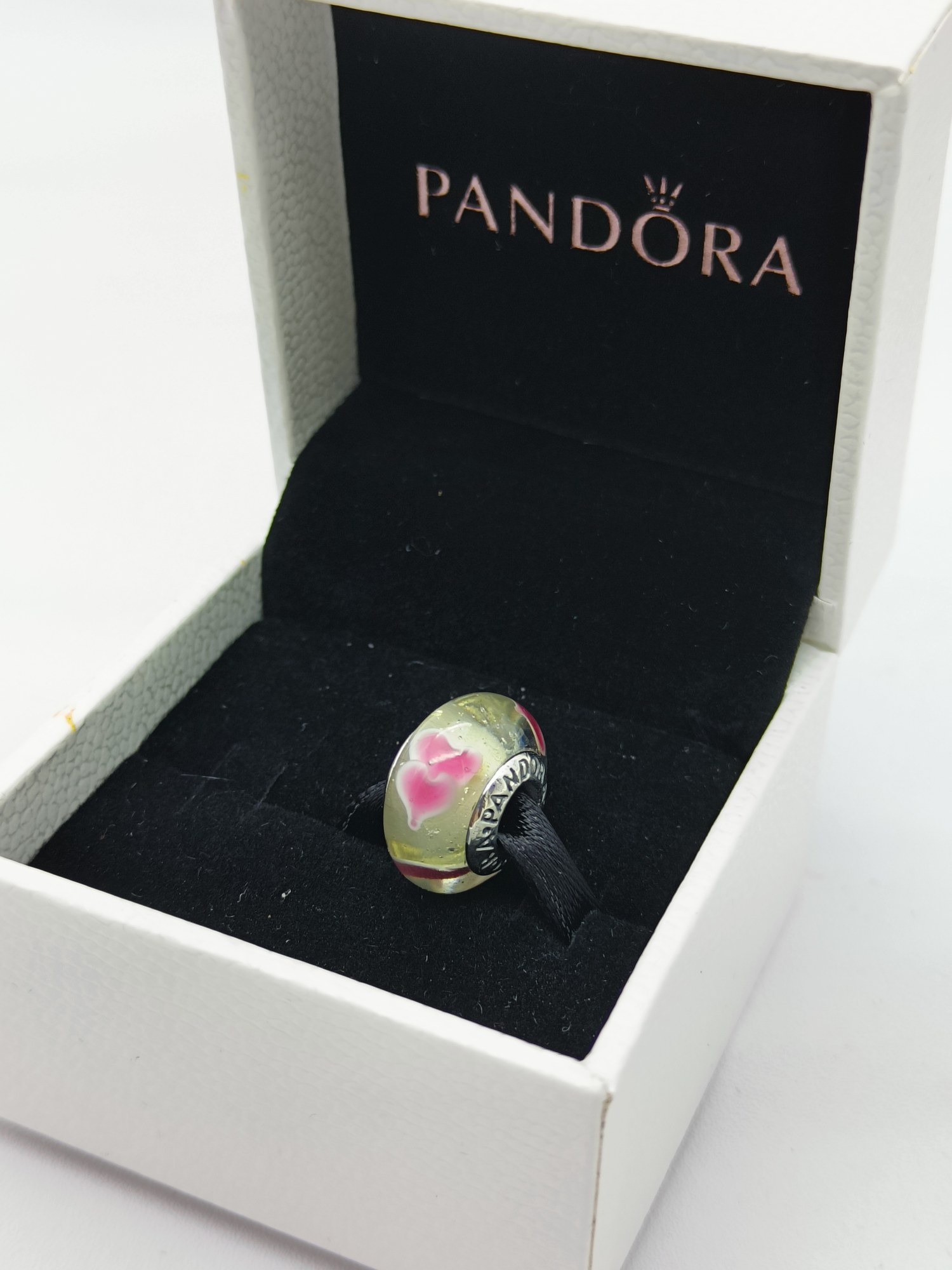 pandora wild hearts glass bead charm Pandora Wild Hearts Glass Bead Charm, pink and green, view 1