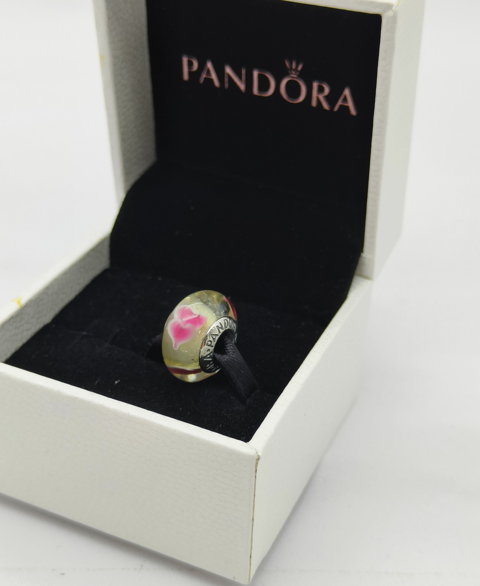pandora wild hearts glass bead charm Pandora Wild Hearts Glass Bead Charm, pink and green, view 2
