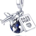 Passport Aeroplane and Globe Dangle Charm, silver tone and blue, view 1