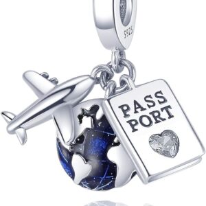 Passport Aeroplane and Globe Dangle Charm, silver tone and blue, view 1