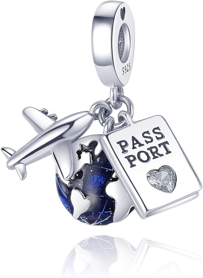 passport aeroplane and globe dangle charm Passport Aeroplane and Globe Dangle Charm, silver tone and blue, view 1