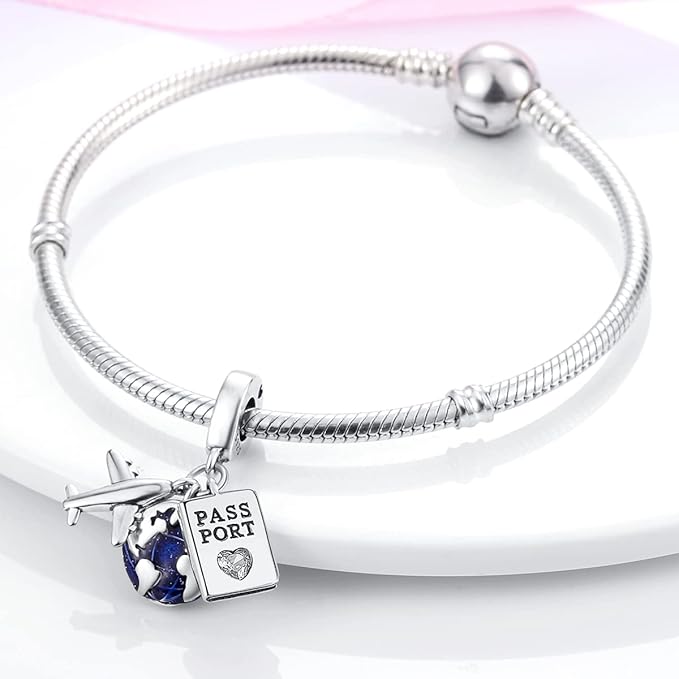 passport aeroplane and globe dangle charm Passport Aeroplane and Globe Dangle Charm, silver tone and blue, view 2